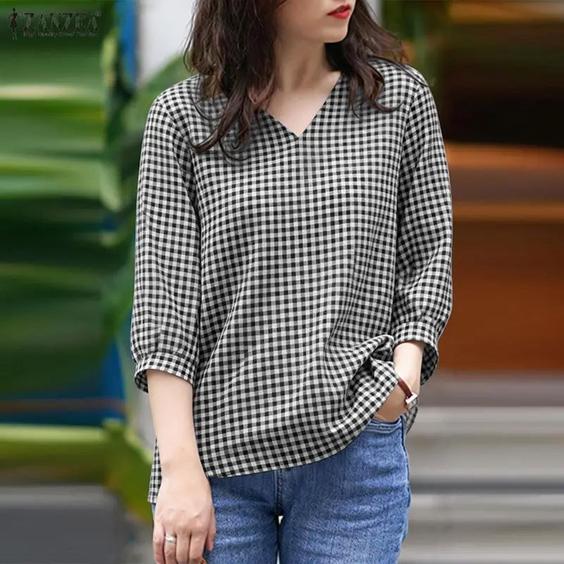 2026 Summer Plaid Blouse ZANZEA Stylish Women V Neck 3/4 Sleeve Tops Elegant Loose Work Shirt Casual Holiday Tunic Mujer Femme