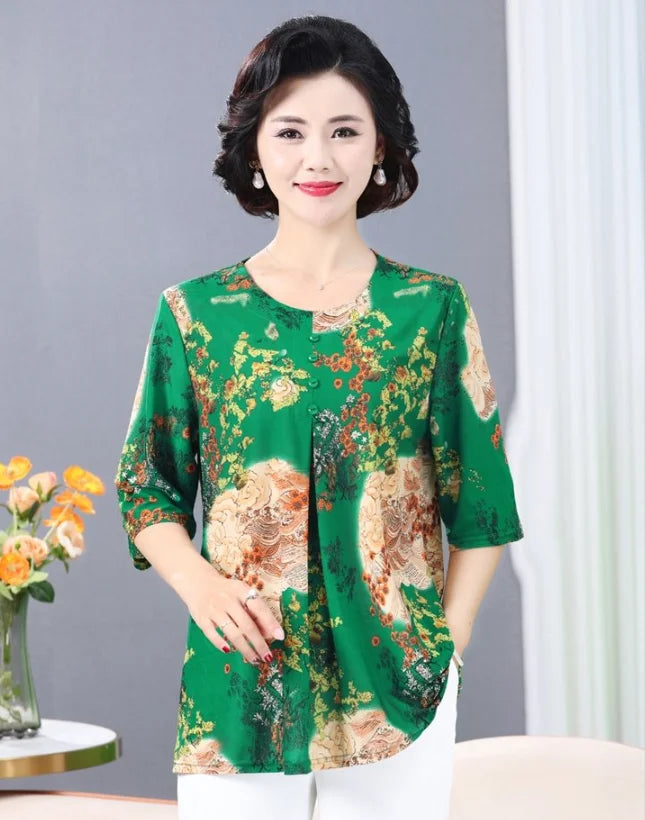 Women Clothes Casual Vintage Floral Print Ethnic Style Ice Silk T-shirt Summer Fashion O Neck 3/4 Sleeve Loose Tunic Ladies Tops