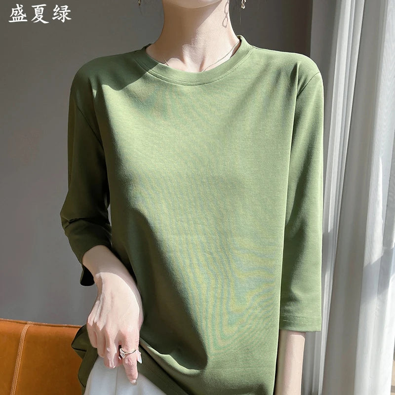 Spring And Summer New Cropped Sleeve Women's Round Neck Cotton T-shirt Loose Mercerized Cotton Short Sleeve Bottoming Shirt