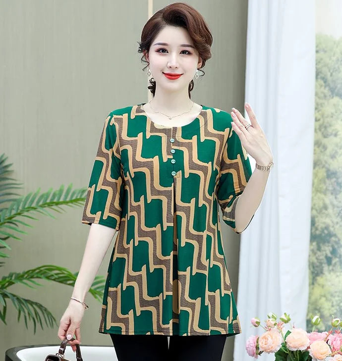 Women Clothes Casual Vintage Floral Print Ethnic Style Ice Silk T-shirt Summer Fashion O Neck 3/4 Sleeve Loose Tunic Ladies Tops