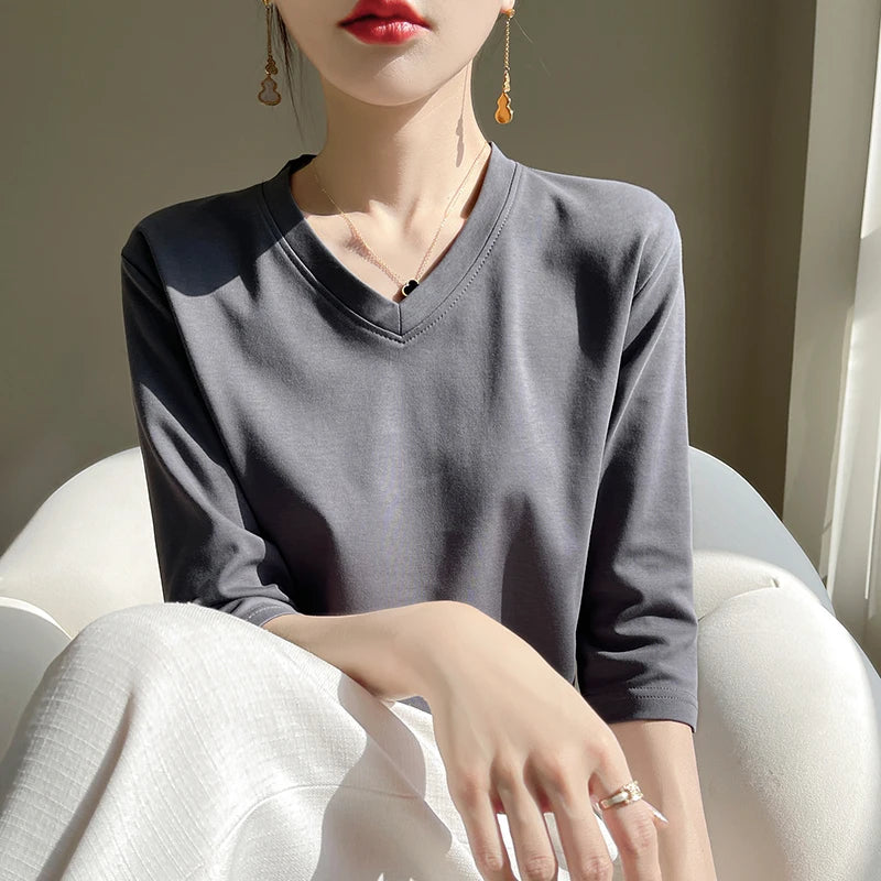 Spring And Summer New Cotton V-neck T-shirt Short-Sleeved Women's Half-Sleeve Bottoming Shirt High-End Cropped Sleeve Top