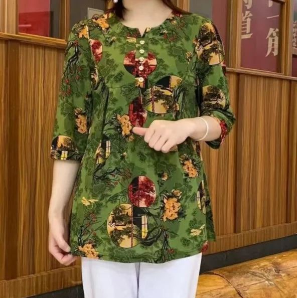 Women Clothes Casual Vintage Floral Print Ethnic Style Ice Silk T-shirt Summer Fashion O Neck 3/4 Sleeve Loose Tunic Ladies Tops