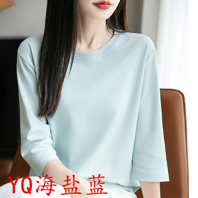 Spring And Summer New Cropped Sleeve Women's Round Neck Cotton T-shirt Loose Mercerized Cotton Short Sleeve Bottoming Shirt