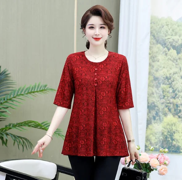Women Clothes Casual Vintage Floral Print Ethnic Style Ice Silk T-shirt Summer Fashion O Neck 3/4 Sleeve Loose Tunic Ladies Tops