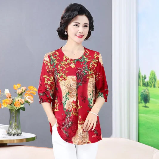 Women Clothes Casual Vintage Floral Print Ethnic Style Ice Silk T-shirt Summer Fashion O Neck 3/4 Sleeve Loose Tunic Ladies Tops