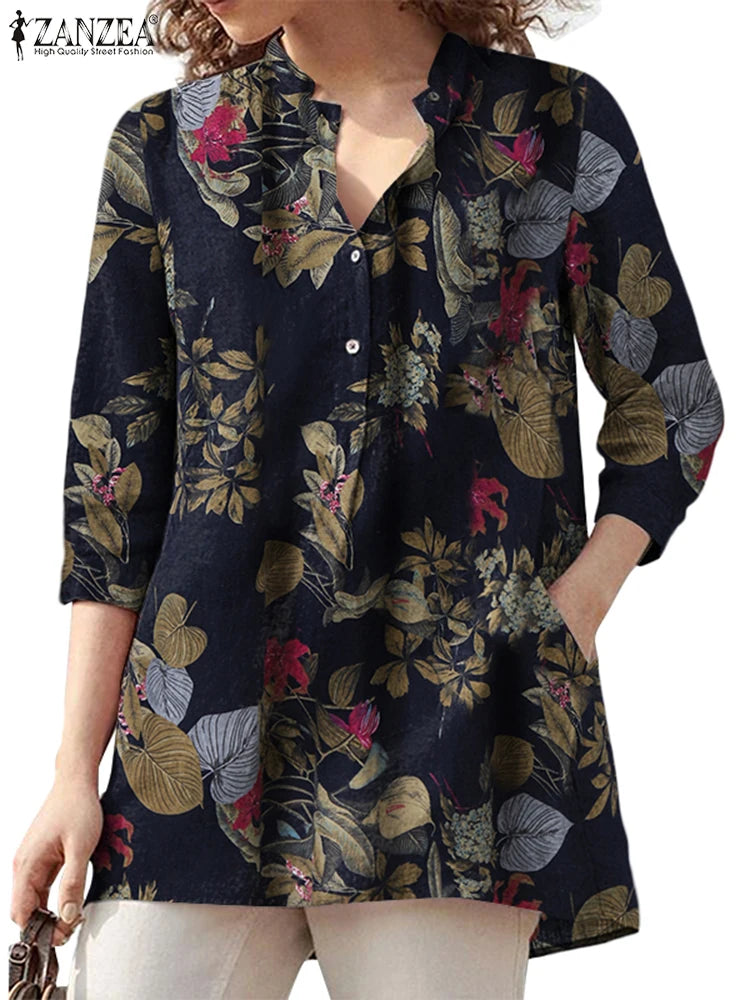 ZANZEA Oversize Women 3/4 Sleeve Blouses Vintage Floral Print Half-Button Cotton Shirts 2025 Summer Everyday Casual Loose Tops