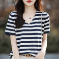 100% pure cotton striped knitted short sleeved T-shirt for women, V-neck pullover, loose fit, slimming and age reducing half sle