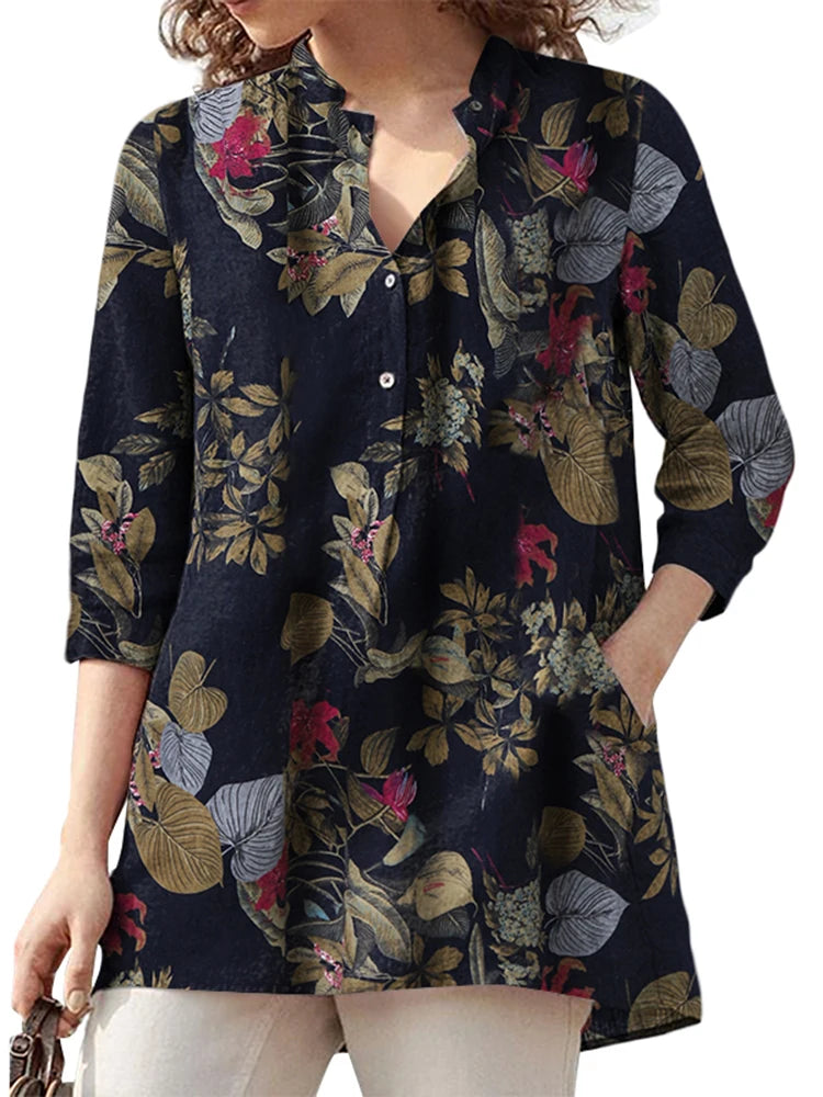 Floral  Printed Blouse Oversized Women Casual V Neck 3/4 Sleeve Shirt ZANZEA Retro Maxi Cotton Tops Bohemian Work Female Blusas