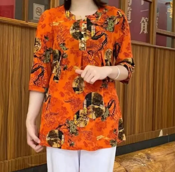 Women Clothes Casual Vintage Floral Print Ethnic Style Ice Silk T-shirt Summer Fashion O Neck 3/4 Sleeve Loose Tunic Ladies Tops