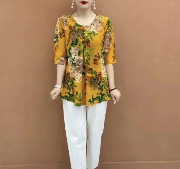 Women Clothes Casual Vintage Floral Print Ethnic Style Ice Silk T-shirt Summer Fashion O Neck 3/4 Sleeve Loose Tunic Ladies Tops