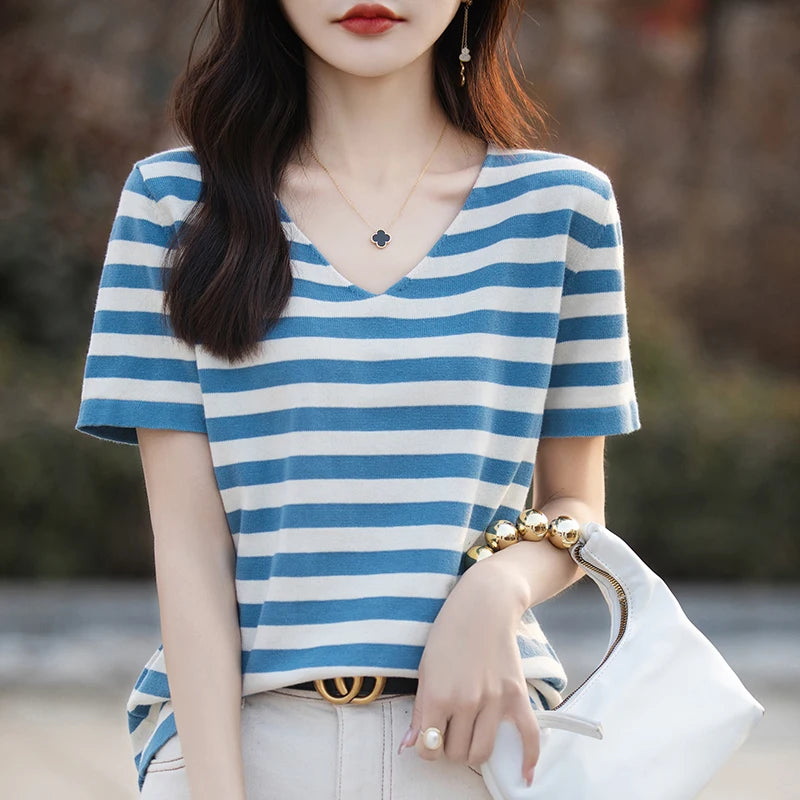 100% pure cotton striped knitted short sleeved T-shirt for women, V-neck pullover, loose fit, slimming and age reducing half sle