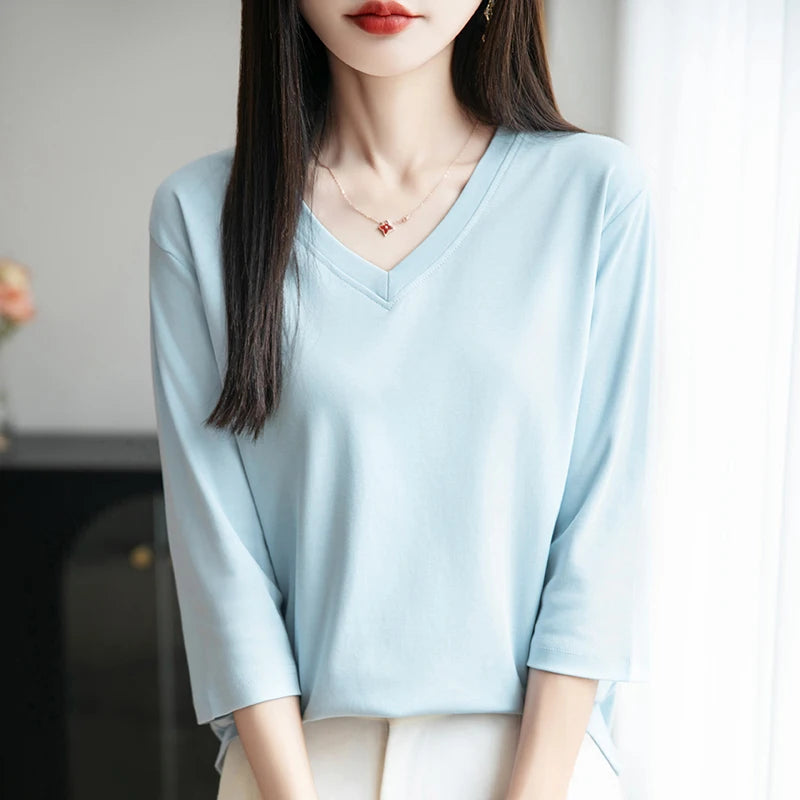 Spring And Summer New Cotton V-neck T-shirt Short-Sleeved Women's Half-Sleeve Bottoming Shirt High-End Cropped Sleeve Top