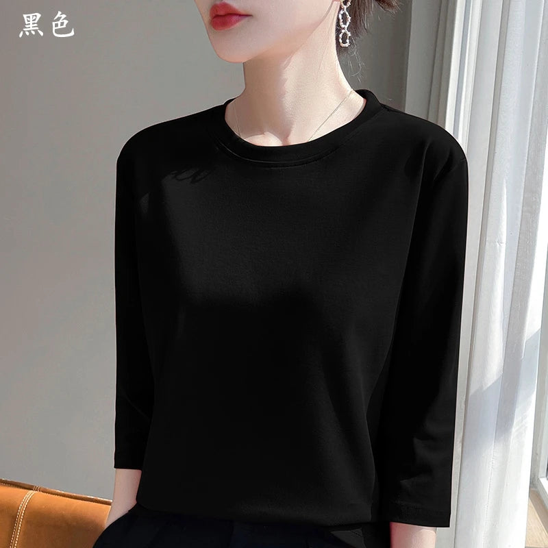 Spring And Summer New Cropped Sleeve Women's Round Neck Cotton T-shirt Loose Mercerized Cotton Short Sleeve Bottoming Shirt