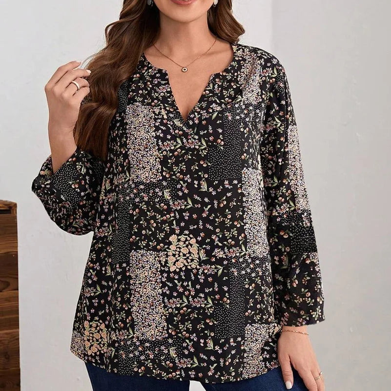 Plus Size Women's Shirt, Printed V-Neck Long Sleeves, Loose Fit, Elegant Design, Spring & Fall Fashionable Casual Vacation Top