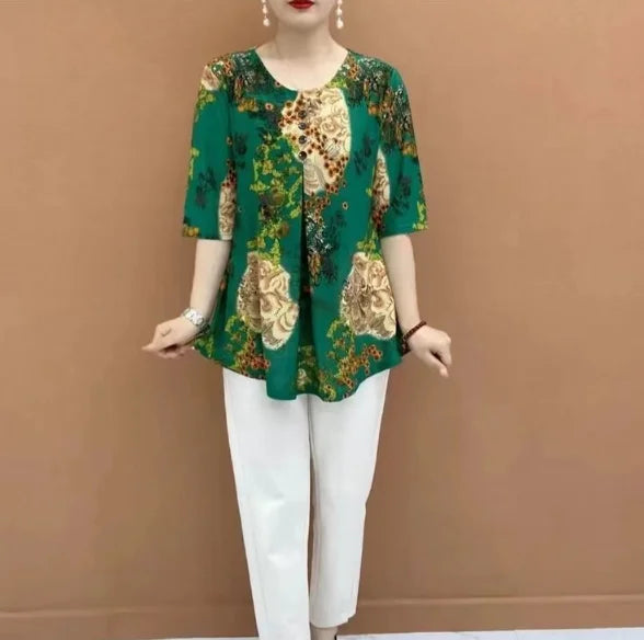 Women Clothes Casual Vintage Floral Print Ethnic Style Ice Silk T-shirt Summer Fashion O Neck 3/4 Sleeve Loose Tunic Ladies Tops