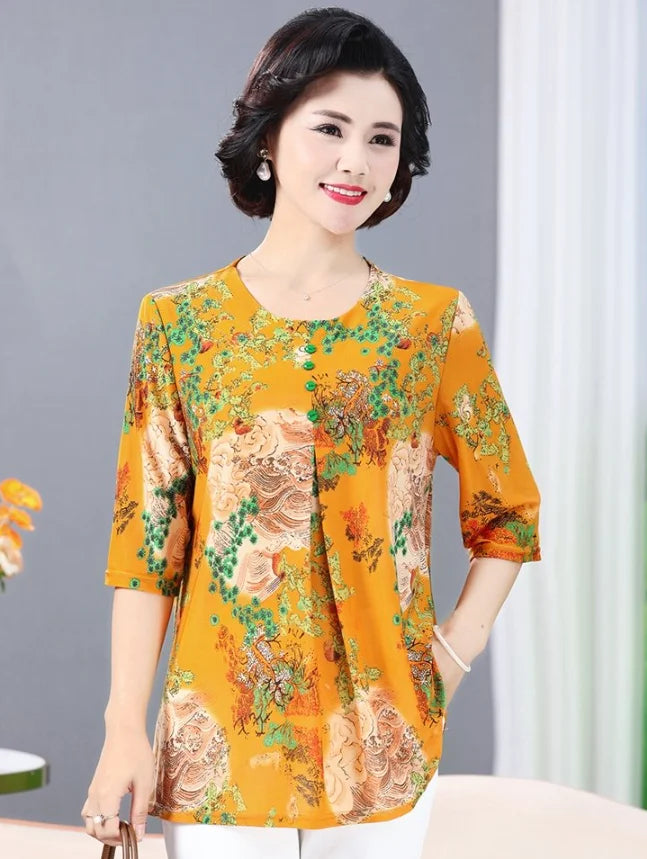 Women Clothes Casual Vintage Floral Print Ethnic Style Ice Silk T-shirt Summer Fashion O Neck 3/4 Sleeve Loose Tunic Ladies Tops