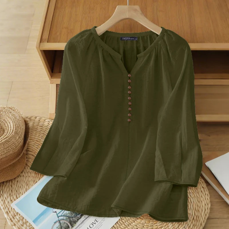 Women Blouse ZANZEA 2026 Spring Summer Shirt Casual V-Neck 3/4 Sleeve Solid Tops Female Mujer Elegant OL Work Blouses Oversize