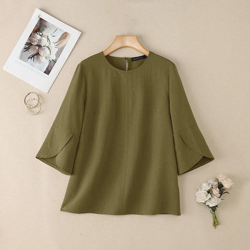 ZANZEA Summer Blouse Trend 2026 Women Office Shirt Elegant 3/4 Petal Sleeve Work Blouses Casual O Neck Solid Loose Tops Oversize