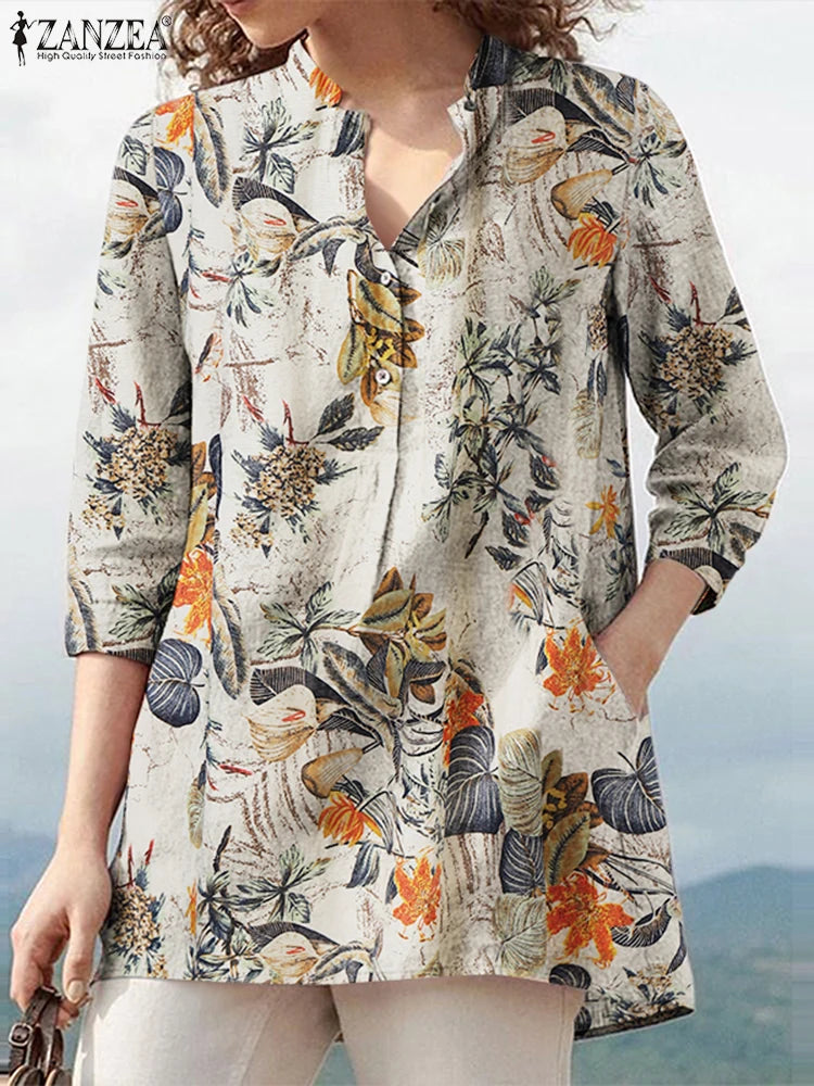 ZANZEA Oversize Women 3/4 Sleeve Blouses Vintage Floral Print Half-Button Cotton Shirts 2025 Summer Everyday Casual Loose Tops