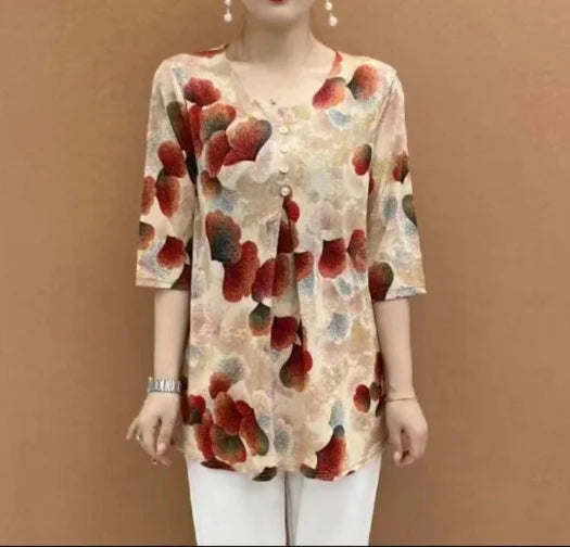 Women Clothes Casual Vintage Floral Print Ethnic Style Ice Silk T-shirt Summer Fashion O Neck 3/4 Sleeve Loose Tunic Ladies Tops