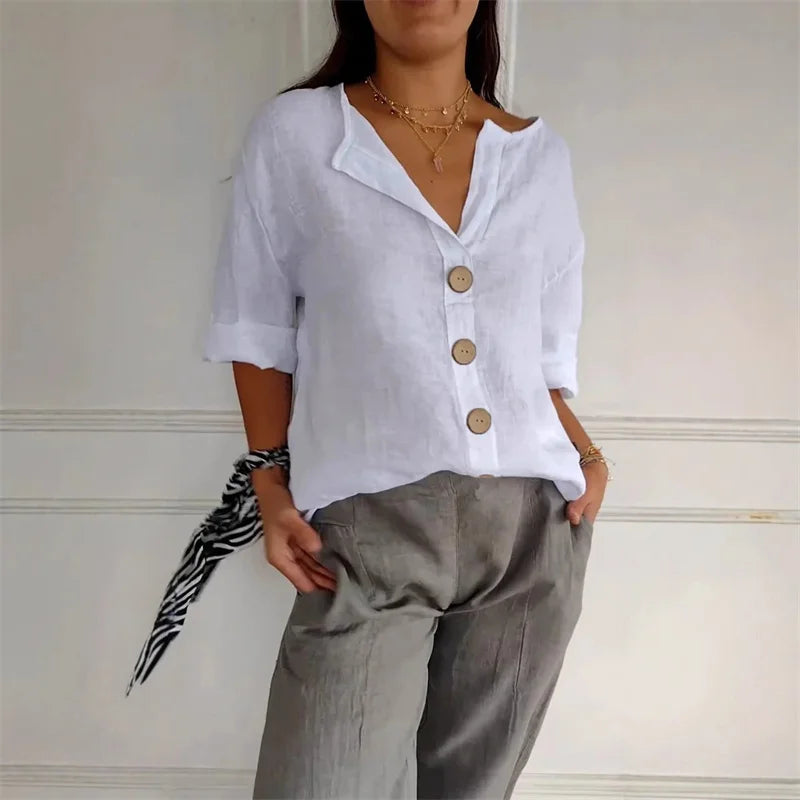 Summer Loose Shirt Women's V-Neck Cotton Linen Button Top Casual Shirts Solid Fashion Elegant Office Womens Clothing 2025 Blouse