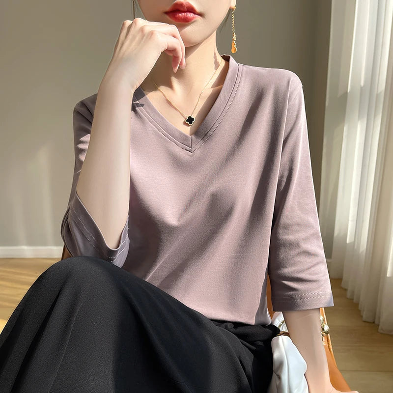 Spring And Summer New Cotton V-neck T-shirt Short-Sleeved Women's Half-Sleeve Bottoming Shirt High-End Cropped Sleeve Top