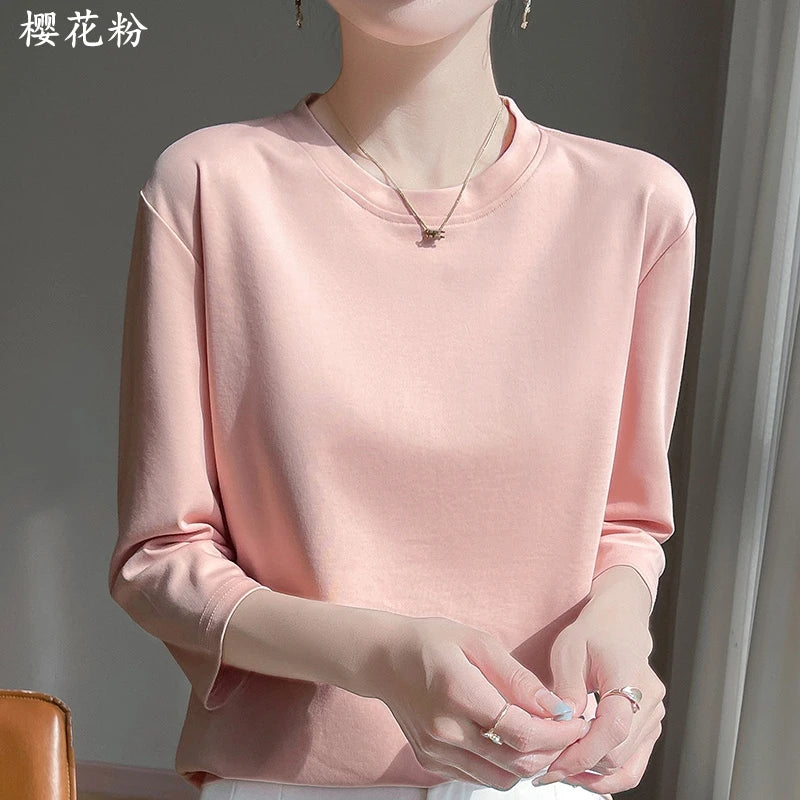 Spring And Summer New Cropped Sleeve Women's Round Neck Cotton T-shirt Loose Mercerized Cotton Short Sleeve Bottoming Shirt
