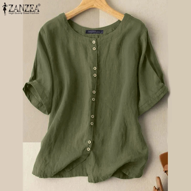 ZANZEA Summer Blouse Vintage Women Casual Loose Tunic Tops Solid Cotton Blusas O Neck Short Sleeve Shirt Buttons Down Chemise