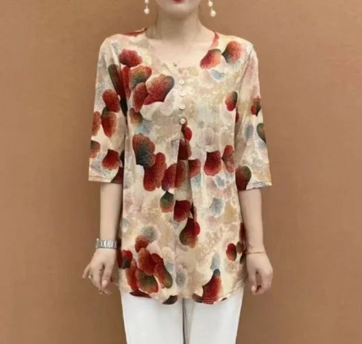 Women Clothes Casual Vintage Floral Print Ethnic Style Ice Silk T-shirt Summer Fashion O Neck 3/4 Sleeve Loose Tunic Ladies Tops