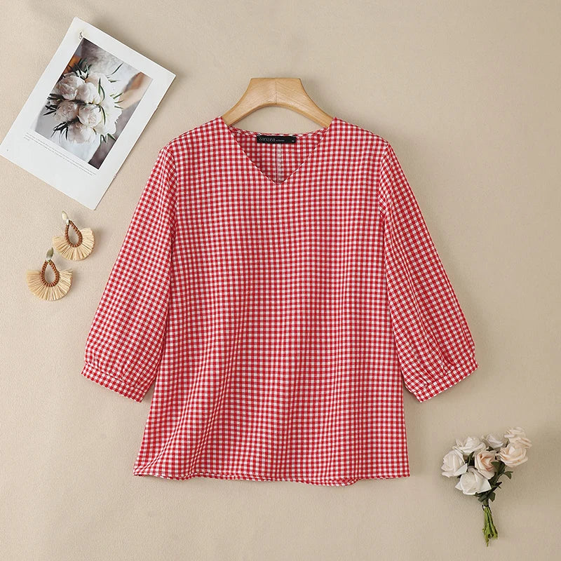 2026 Summer Plaid Blouse ZANZEA Stylish Women V Neck 3/4 Sleeve Tops Elegant Loose Work Shirt Casual Holiday Tunic Mujer Femme