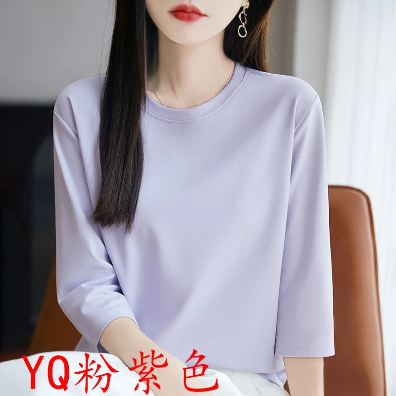 Spring And Summer New Cropped Sleeve Women's Round Neck Cotton T-shirt Loose Mercerized Cotton Short Sleeve Bottoming Shirt