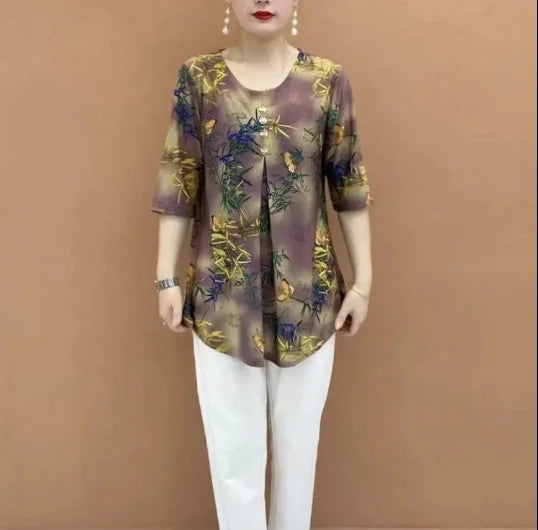 Women Clothes Casual Vintage Floral Print Ethnic Style Ice Silk T-shirt Summer Fashion O Neck 3/4 Sleeve Loose Tunic Ladies Tops