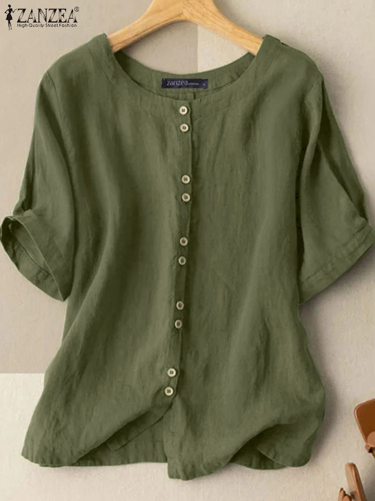 ZANZEA Summer Blouse Vintage Women Casual Loose Tunic Tops Solid Cotton Blusas O Neck Short Sleeve Shirt Buttons Down Chemise
