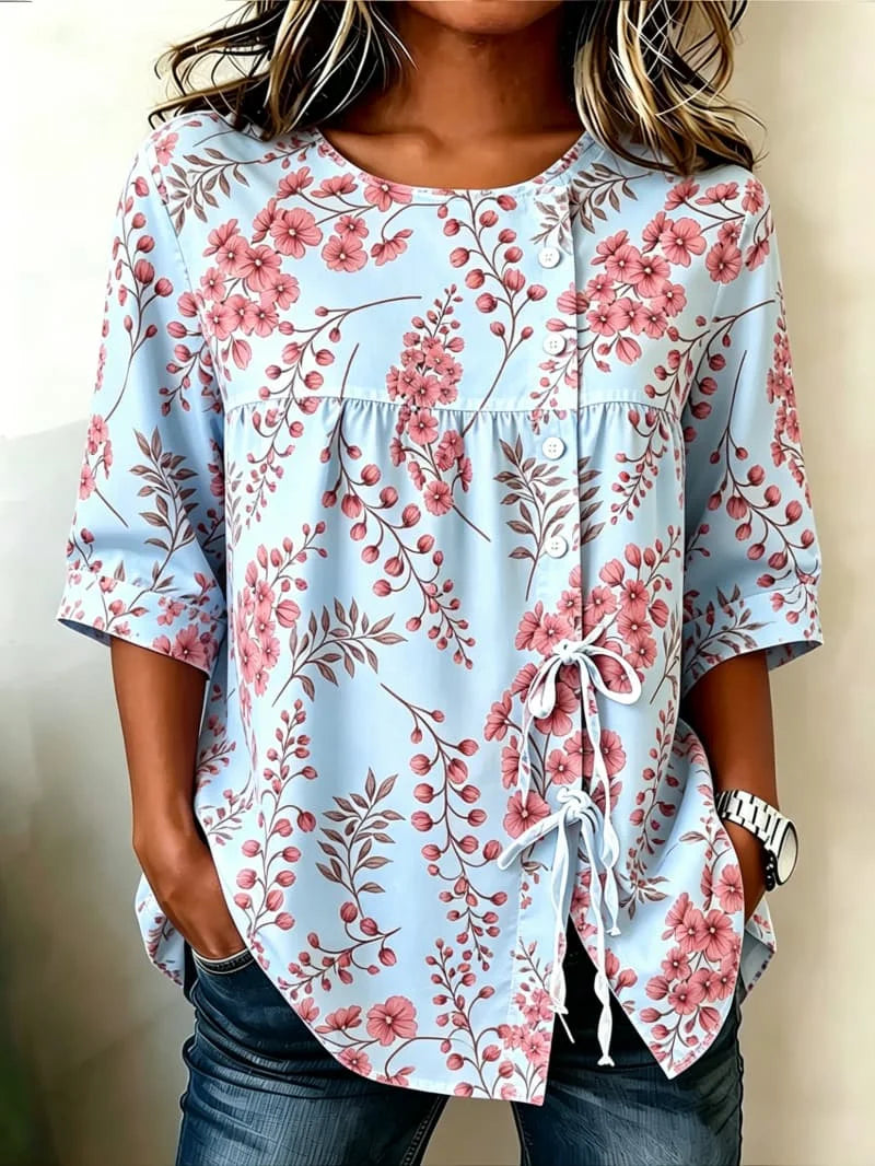 Ladies' casual shirt printed with artistic plants and flowers, lightweight and comfortable, for street wear and daily travel
