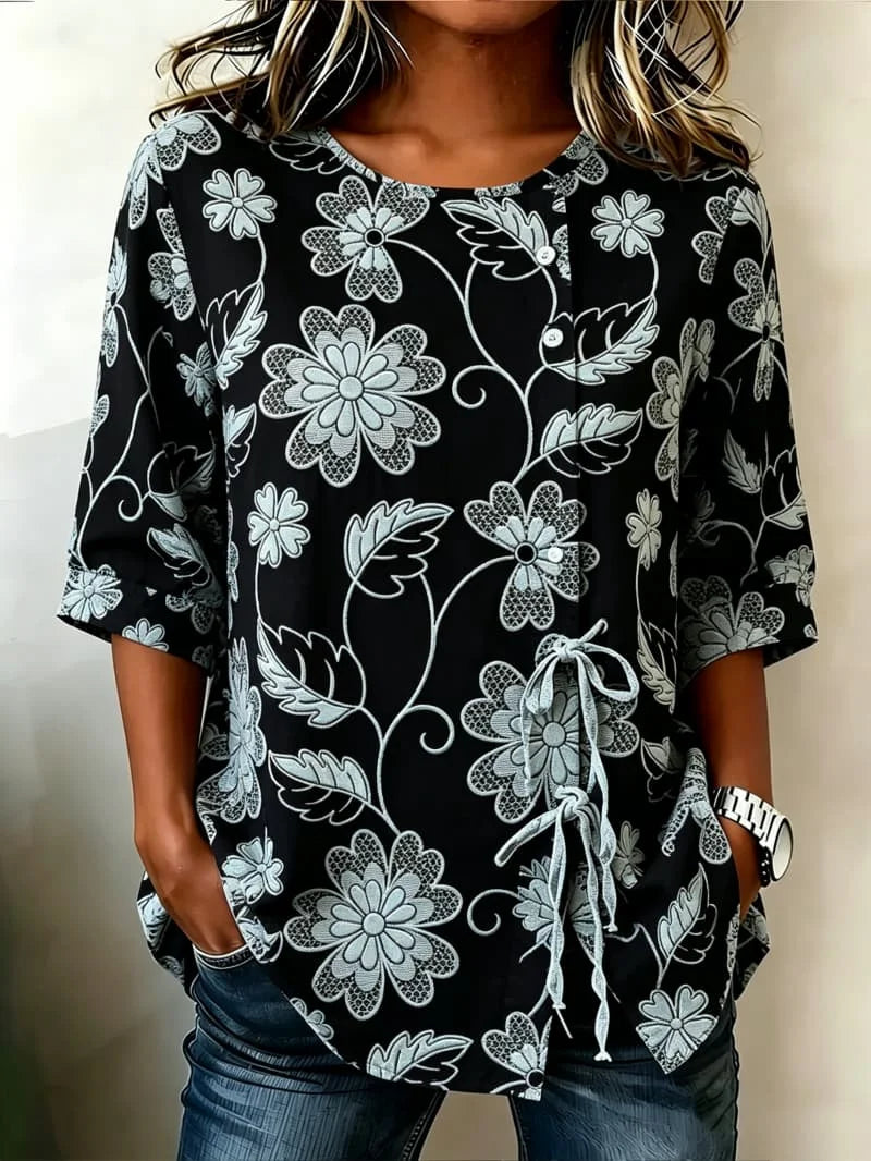 Ladies' casual shirt printed with artistic plants and flowers, lightweight and comfortable, for street wear and daily travel