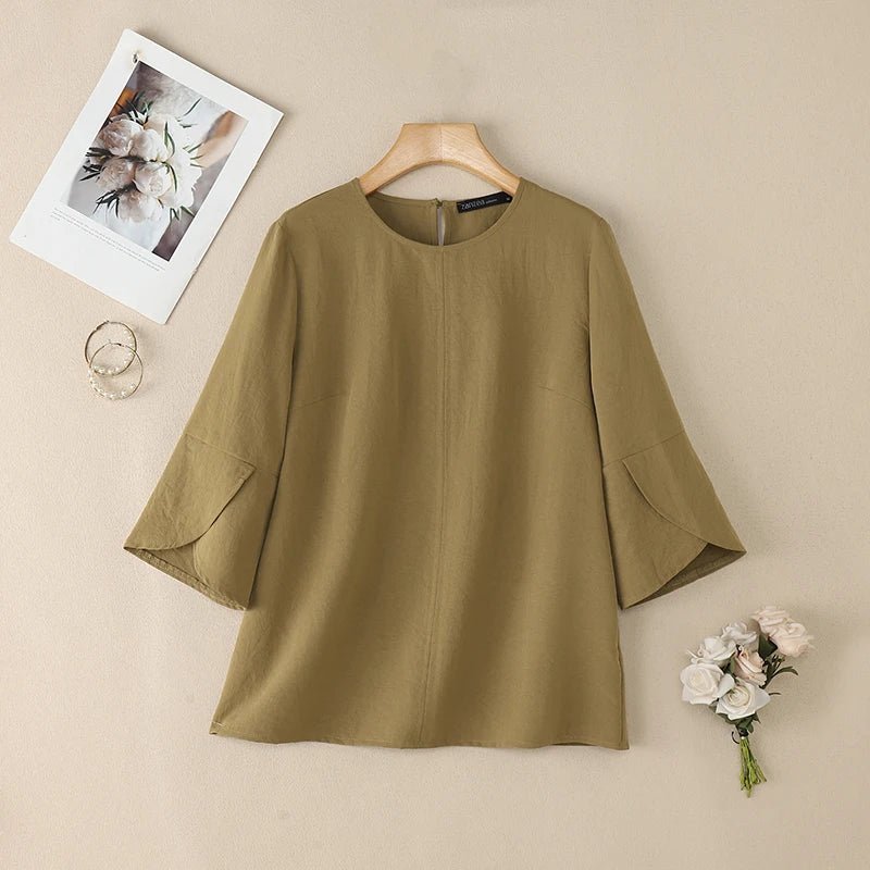 ZANZEA Summer Blouse Trend 2026 Women Office Shirt Elegant 3/4 Petal Sleeve Work Blouses Casual O Neck Solid Loose Tops Oversize