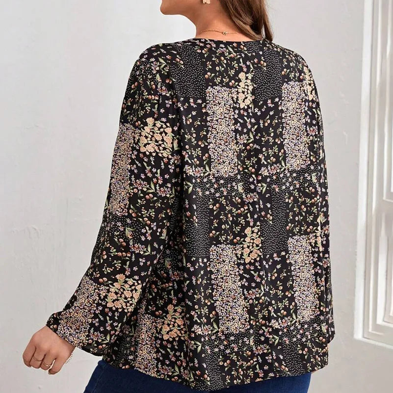 Plus Size Women's Shirt, Printed V-Neck Long Sleeves, Loose Fit, Elegant Design, Spring & Fall Fashionable Casual Vacation Top