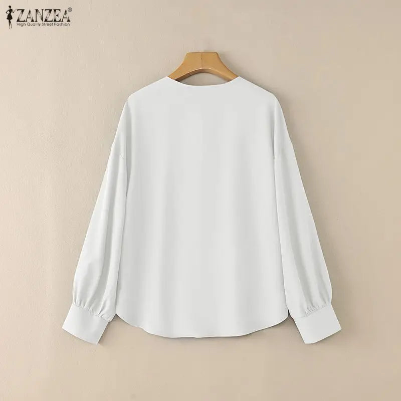 ZANZEA Woman Elegant Pintuck Details White Blouses Lace-Up V-Neck Long Sleeve Tops Spring Summer Casual Loose Blusas de Mujer