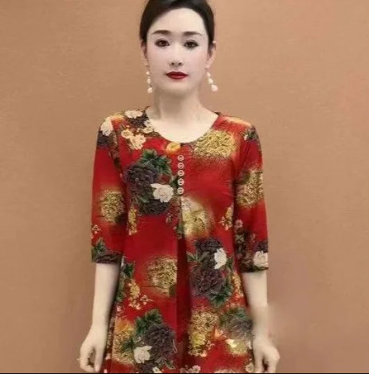 Women Clothes Casual Vintage Floral Print Ethnic Style Ice Silk T-shirt Summer Fashion O Neck 3/4 Sleeve Loose Tunic Ladies Tops