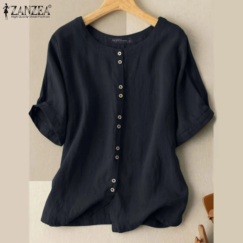 ZANZEA Summer Blouse Vintage Women Casual Loose Tunic Tops Solid Cotton Blusas O Neck Short Sleeve Shirt Buttons Down Chemise