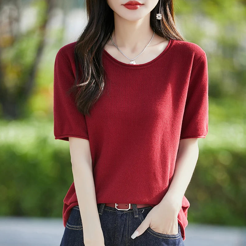 100% cotton ladies spring and summer comfortable round neck advanced design half sleeve pullover short sleeve blouse.
