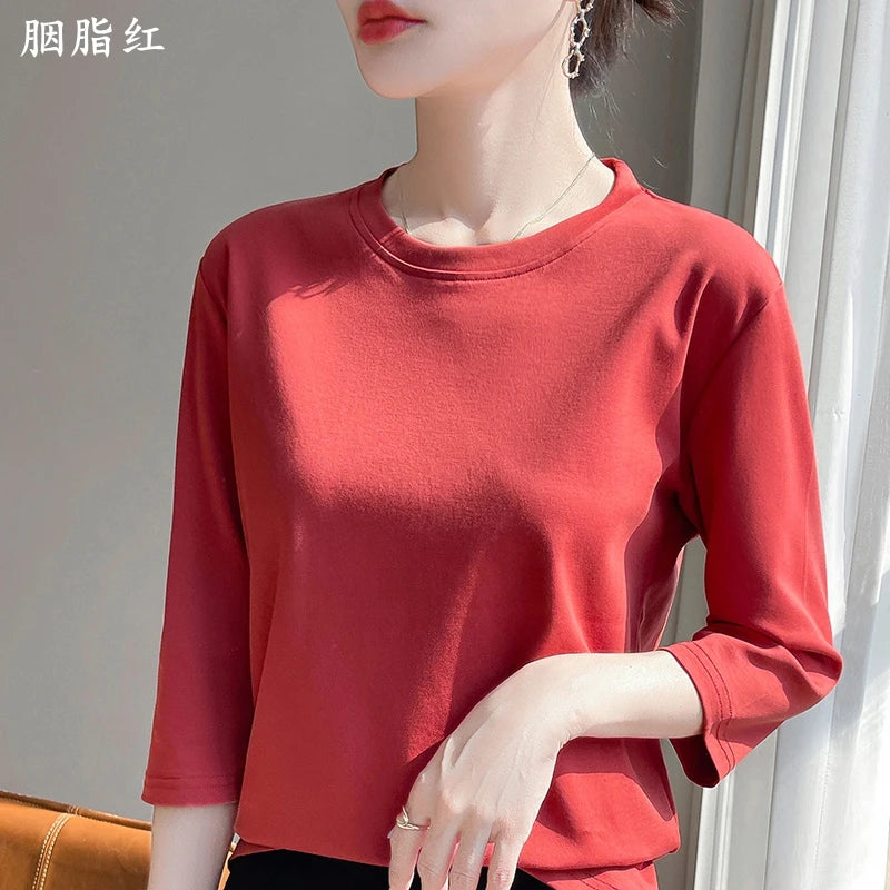 Spring And Summer New Cropped Sleeve Women's Round Neck Cotton T-shirt Loose Mercerized Cotton Short Sleeve Bottoming Shirt