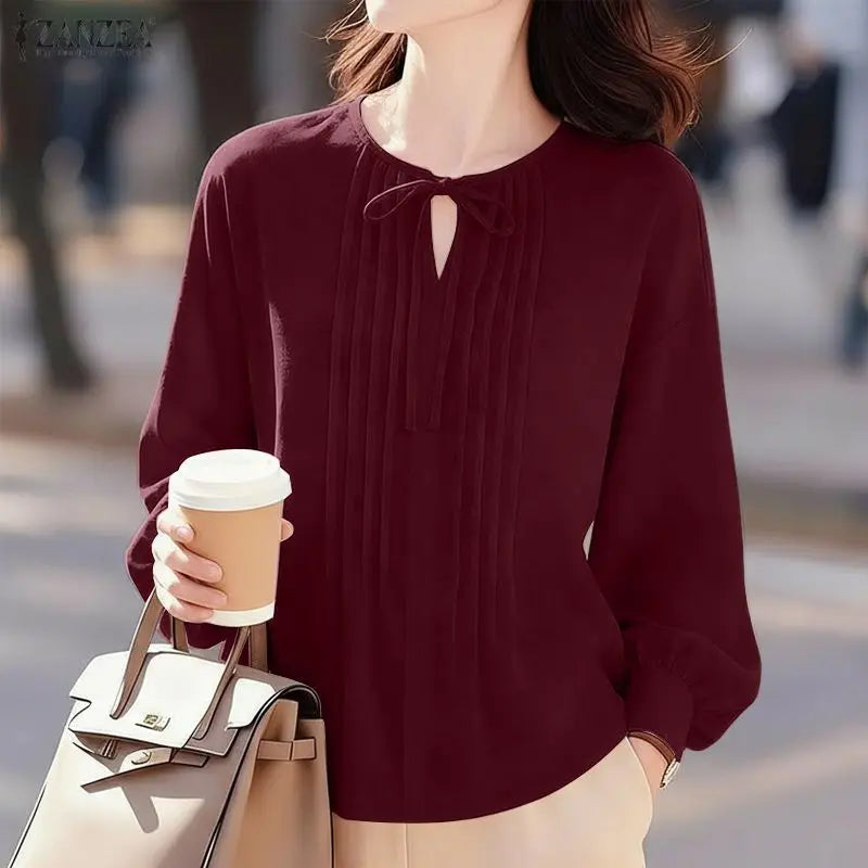 ZANZEA Woman Elegant Pintuck Details White Blouses Lace-Up V-Neck Long Sleeve Tops Spring Summer Casual Loose Blusas de Mujer