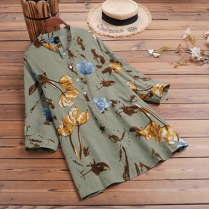 ZANZEA Woman Vintage Floral Printing Blouses Mandarin Colar Half-Button 3/4 Sleeve Cotton Blend Tunic Tops Spring Summer Blusas