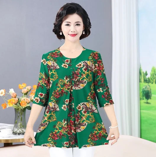 Women Clothes Casual Vintage Floral Print Ethnic Style Ice Silk T-shirt Summer Fashion O Neck 3/4 Sleeve Loose Tunic Ladies Tops