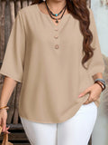 Plus Size Women's Casual Simple Shirt, Suitable for Spring, Summer, Autumn, and Valentine's Day, Solid Color V-Neck Top