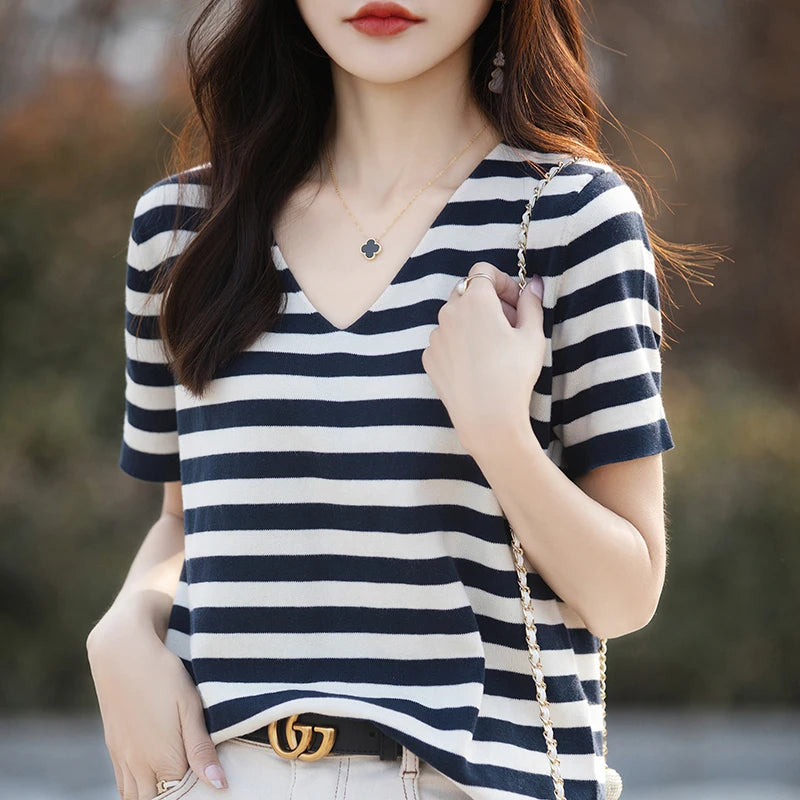 100% pure cotton striped knitted short sleeved T-shirt for women, V-neck pullover, loose fit, slimming and age reducing half sle