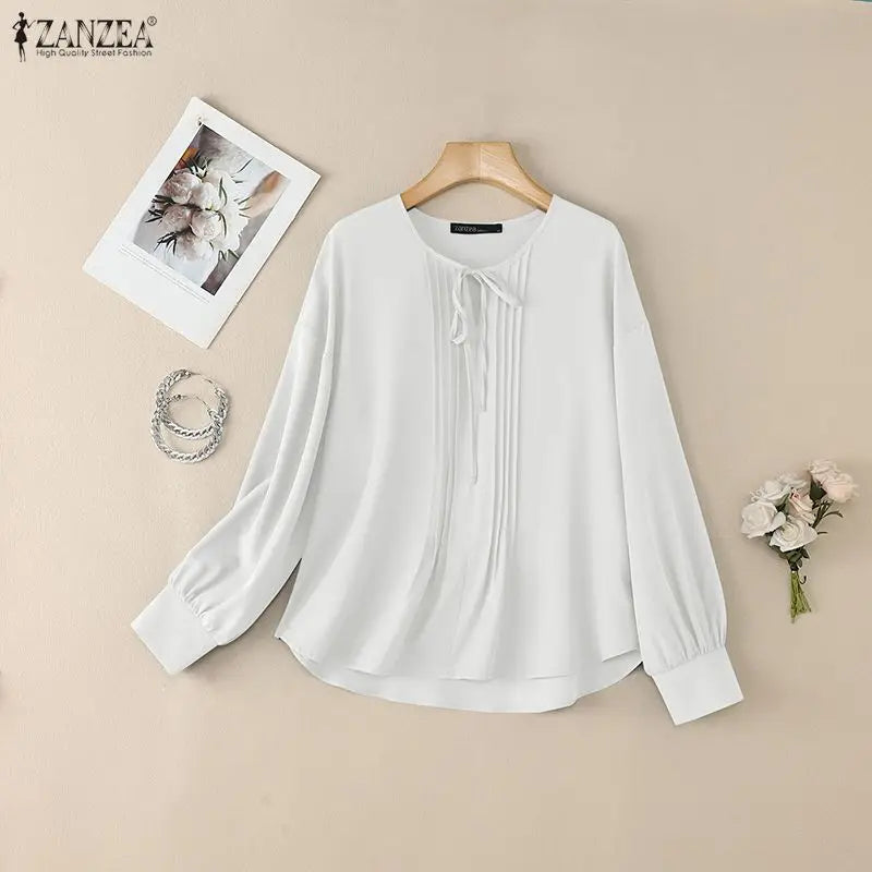 ZANZEA Woman Elegant Pintuck Details White Blouses Lace-Up V-Neck Long Sleeve Tops Spring Summer Casual Loose Blusas de Mujer