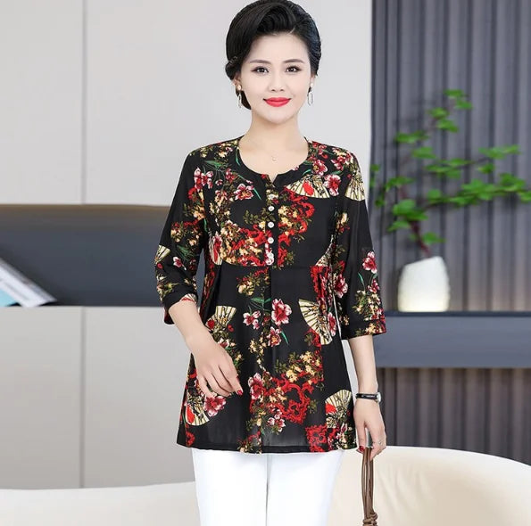 Women Clothes Casual Vintage Floral Print Ethnic Style Ice Silk T-shirt Summer Fashion O Neck 3/4 Sleeve Loose Tunic Ladies Tops