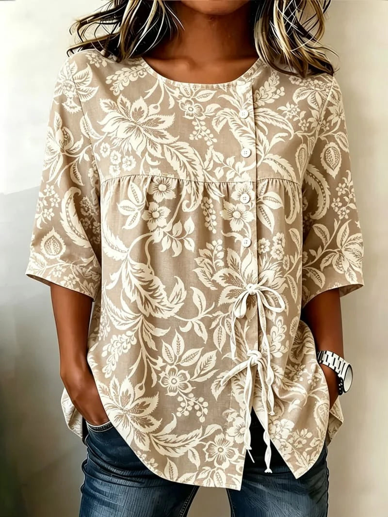 Ladies' casual shirt printed with artistic plants and flowers, lightweight and comfortable, for street wear and daily travel